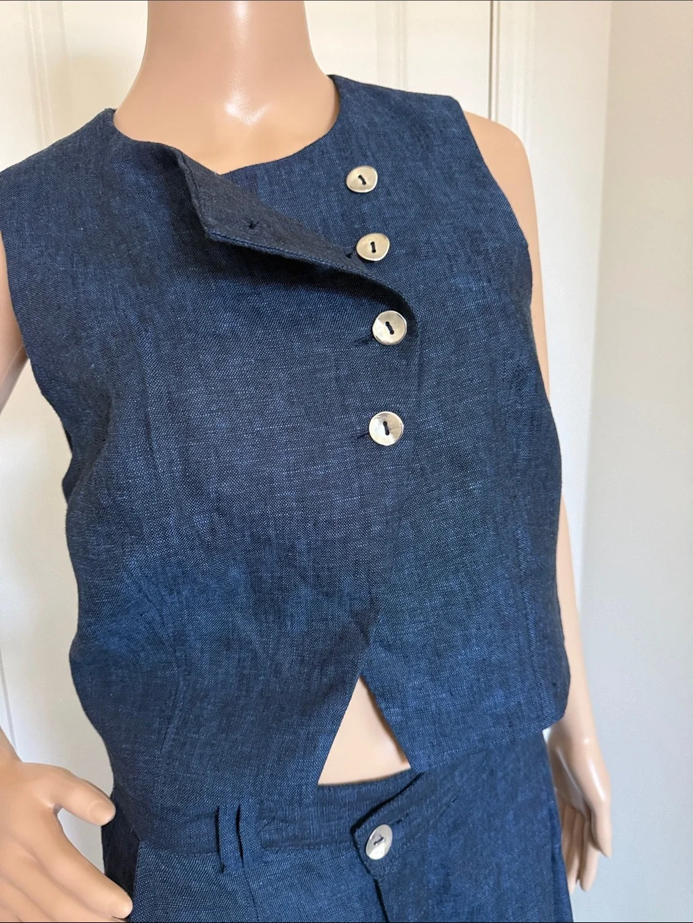 ZARA Sleeveless Navy Double- Breasted 100% linen Vest and Pants Set